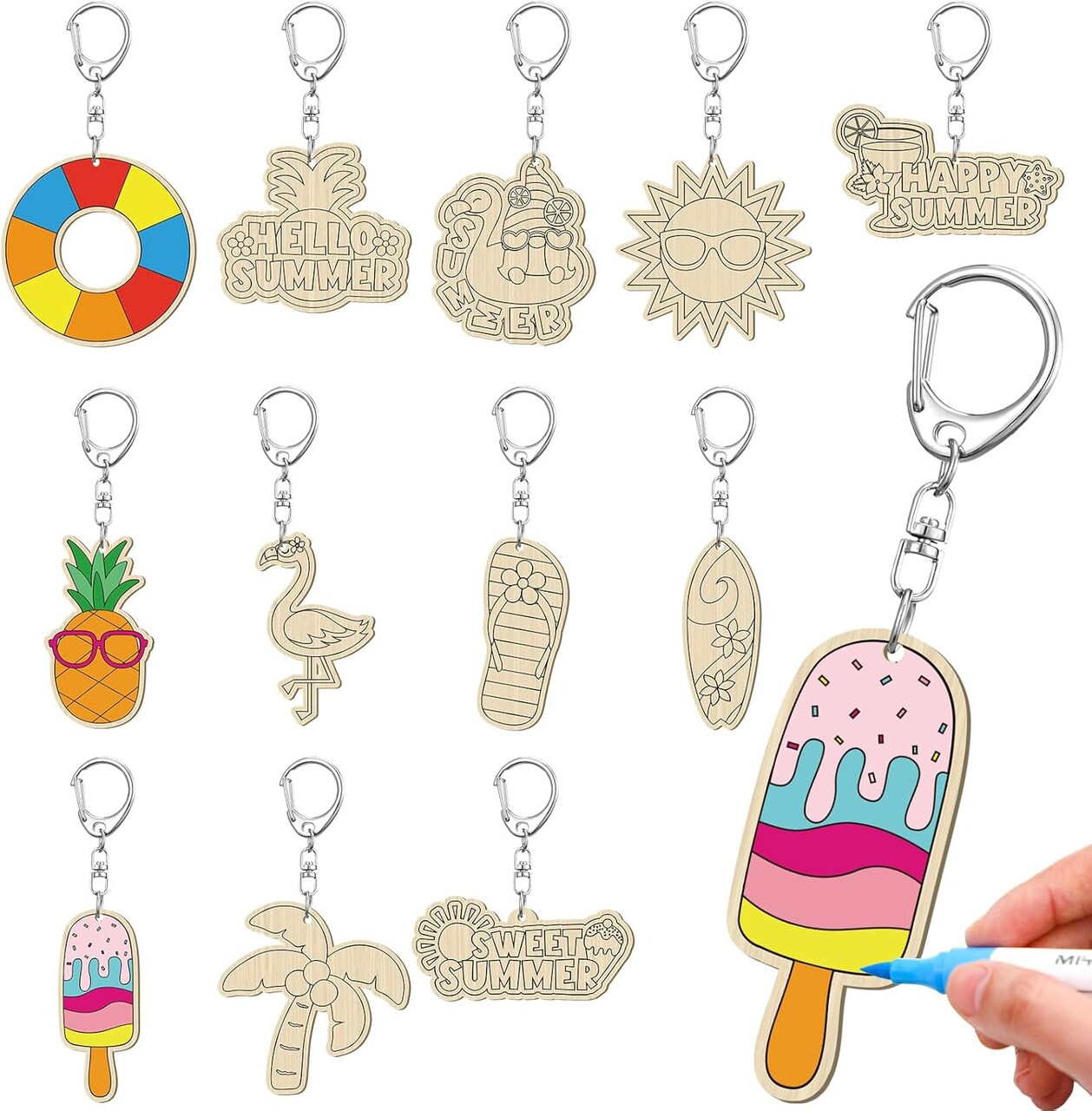 24-Piece Summer DIY Keychain Craft Kit – Wooden Blank Keychains, Color Your Own, 12 Styles for Sunday School, Classroom, Home, Party Favors, and Gifts